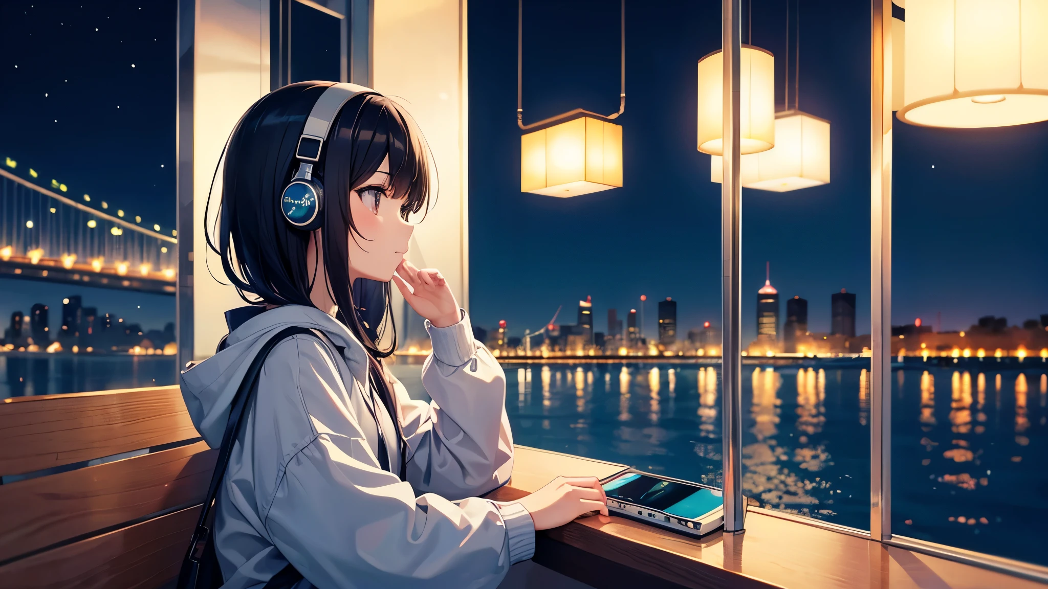 Enjoy boat racing at Suminoe Boat Races。A young girl with black hair wearing stylish clothes and headphones labeled "lo-fi" The girl is shown in profile, gazing into the distance with a calm, relaxed expression Background depicts the iconic scenery of Namba, Osaka at night, without any text on signs A starry night sky adding to the peaceful atmosphere Overall mood is quiet and serene, perfect for lo-fi music Detailed hair rendering and careful attention to the girl's fashionable outfit The entire scene should evoke a relaxing, introspective feeling associated with lo-fi music