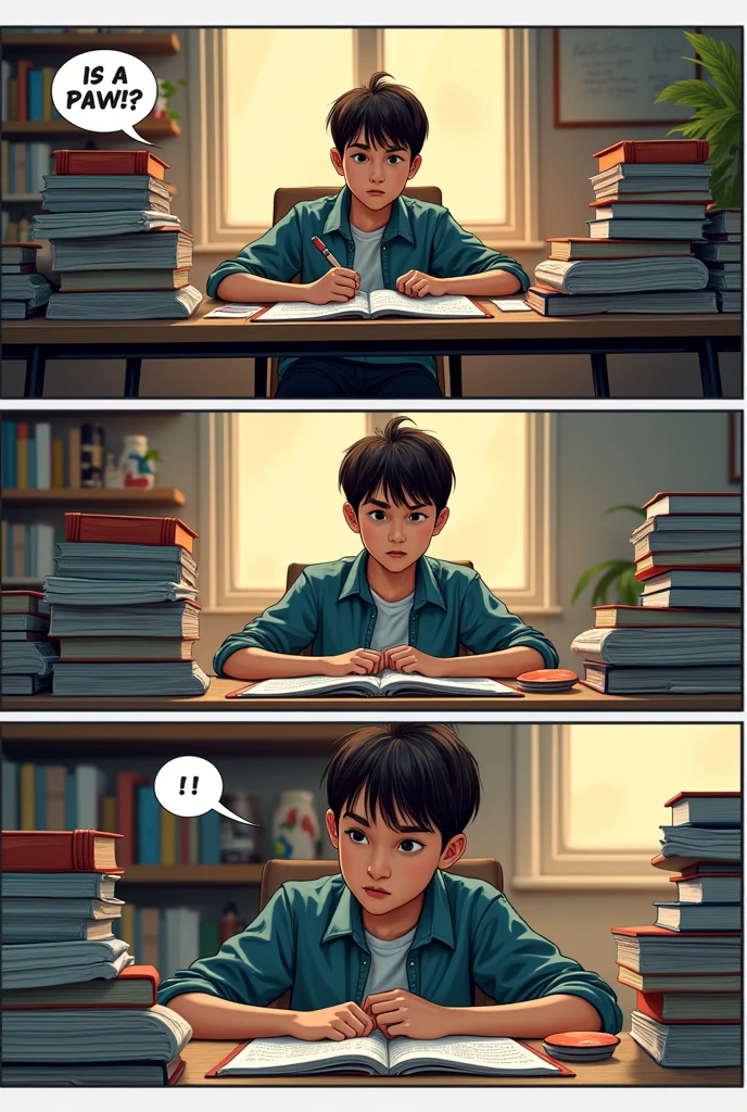 comics: Isang estudyante ang nakaupo sa kanyang mesa, napapalibutan ng mga libro at papel. Siya ay may determinadong ekspresyon sa kanyang mukha habang siya ay nag-aaral.
Panel 2:
Isang close-up sa mukha ng estudyante. Ang kanyang mga kilay ay nakataas, ang kanyang mga mata ay nakatuon sa isang libro, at ang kanyang bibig ay bahagyang nakabukas habang siya ay nagbabasa.
Panel 3:
Isang close-up sa mga kilay ng estudyante. Ang mga ito ay unti-unting nagiging itim at nagsisimulang mag-usok.