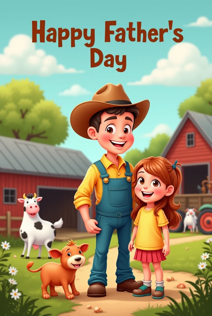 Happy Father's Day Card: !Happy Father's Day In This Card, we have a rural setting with a father and a daughter. The father is dressed in farming attire, and both are in a farm setting with animals, machines and a warehouse. The message “Happy Father’s Day” is highlighted in a friendly, bold font. text must be in pt-br