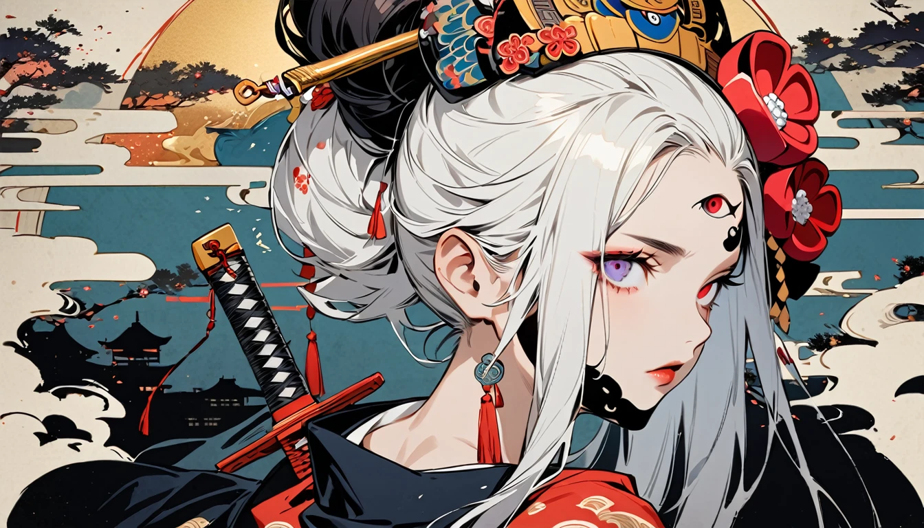 Ink painting, (((1 girl))), (((Tattoo in the middle of the forehead))),(((In the background is the Akatsuki moon))), (((Third eye))), (((holding a katana sword))), (((Oiran))), (((Great hair accessories))), (((wearing samurai costume))),  Japanese style headphones, Demon possession, (((Sakura tree color eyes with engraving inside))),Face up close, Japanese beauty, White hair, Sensitive and precise, Modern Ukiyo-e style, Highest quality, katsushika hokusai, Ink painting, (((1 girl))), (((Elements of horror))), Japanese style headphones, beautiful girl, Black hair, Sensitive and precise, Modern Ukiyo-e style, Cyberpunk city