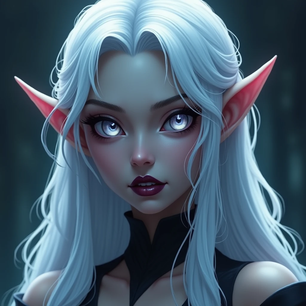 a Night Elf, long white hair, glowing eyes, long pointy ears, dark lipstick, beautiful stoic face, mouth slightly opened, perfect teeth