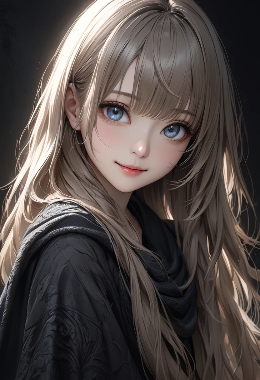 (Ultra Realistic), (Illustration), (Increased Resolution), (8K), (Extremely Detailed), (Best Illustration), (Beautiful and Detailed Eyes), (Best Quality), (Ultra Detailed), (Masterpiece ), ( wallpaper), (detailed face), solo, 1 girl, beautiful korea idol girl, realistic skin, realistic eyes, realistic face, looking at viewer, fine details, detailed face, in the dark, deep shadows, low key, pureerosfaceace_v1, smiling, long hair, black shawl straight hair , 46 points oblique bangs
