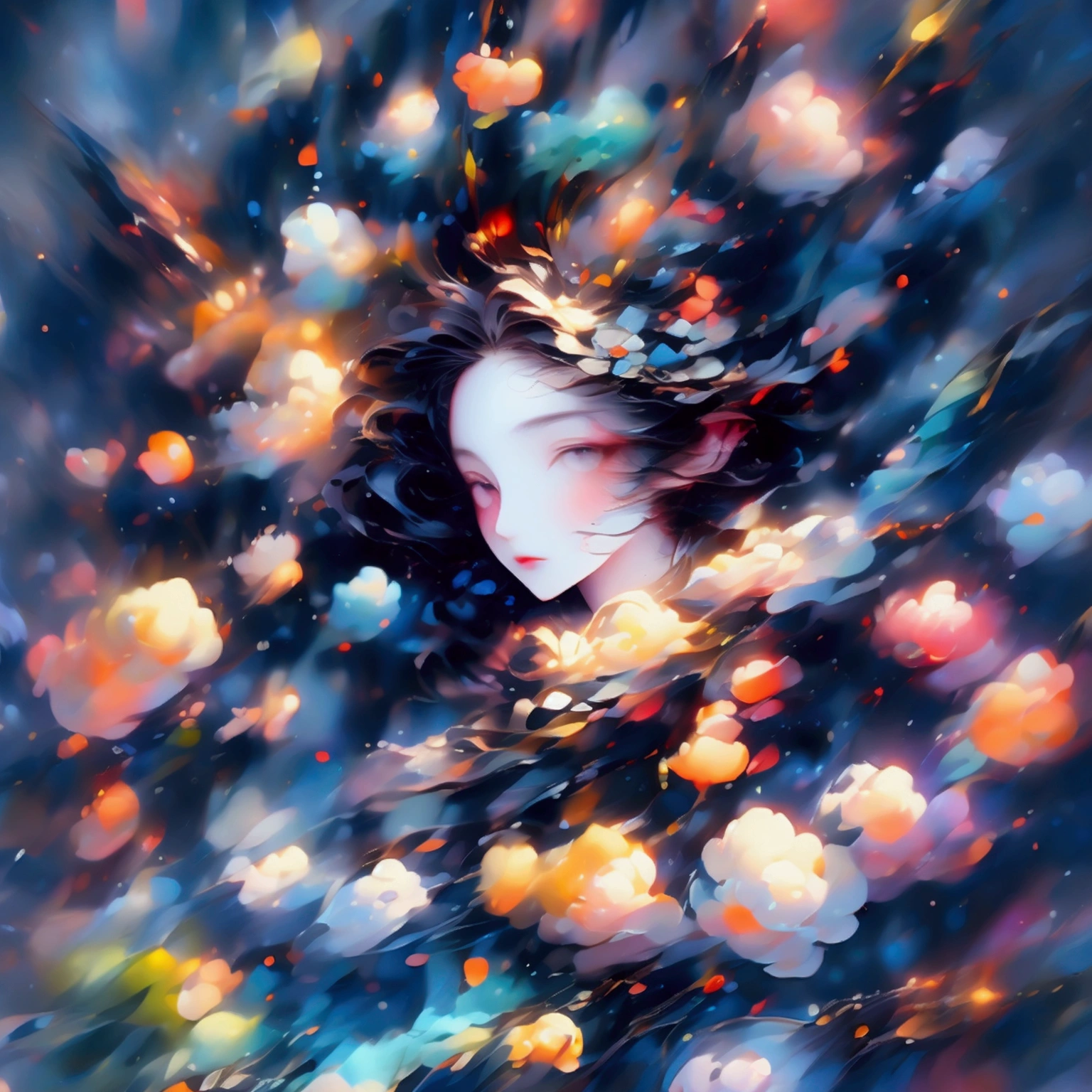 Highest quality, 4k wallpaper, 8k, ultra-high resolution, masterpiece, highly detailed CG, highly detailed eyes, ultra-detailed, complex details, public, 1:1, one girl (long black hair, slim), a lonely girl in the center looking up, a shy and lonely girl in the center, neon pop abstract art style, abstract plant art, public, highly detailed flow of bubbles, dynamic art, cinematic lighting