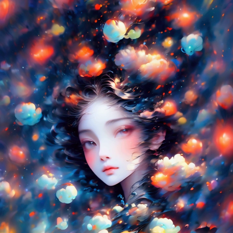 Highest quality, 4k wallpaper, 8k, ultra-high resolution, masterpiece, highly detailed CG, highly detailed eyes, ultra-detailed, complex details, public, 1:1, one girl (long black hair, slim), a lonely girl in the center looking up, a shy and lonely girl in the center, neon pop abstract art style, abstract plant art, public, highly detailed flow of bubbles, dynamic art, cinematic lighting