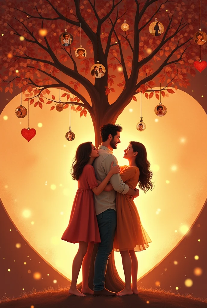Family hugging each other inside a heart  with a tree full of memories on top of the heart