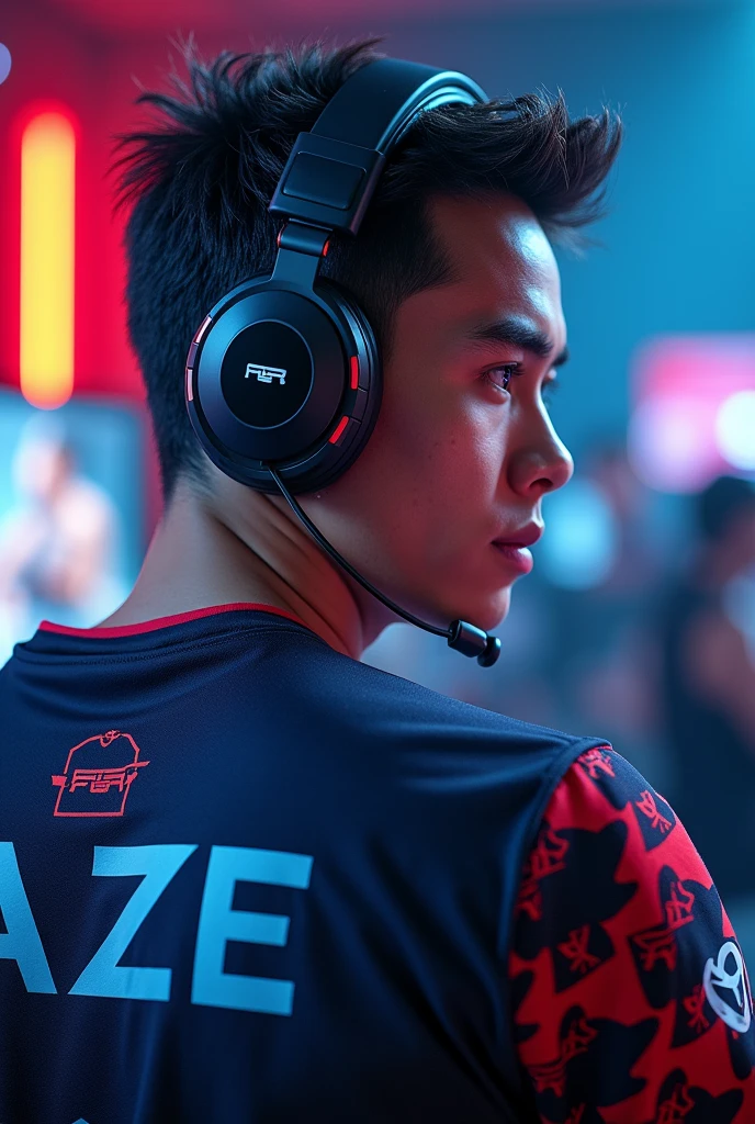 A young man gamer wearing gaming headphones and esports jersey with a name "K A Z E" at the back
