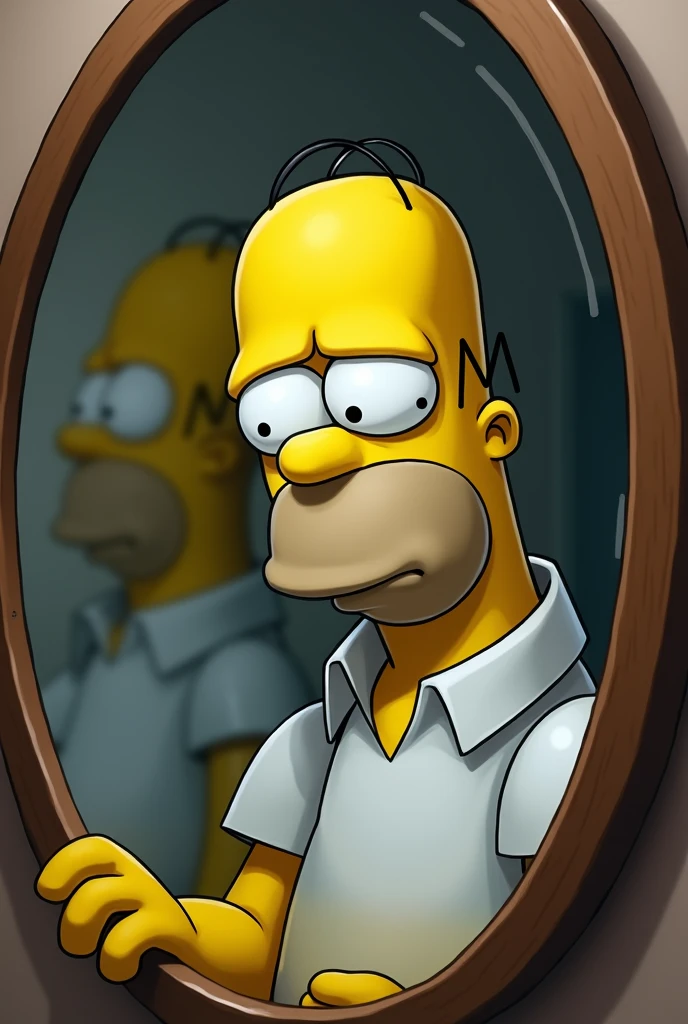 Create an image of Homer Simpson looking in the mirror with a very tired face and wearing a white shirt. Let the image be seen from the side of your face and be fully reflected in the mirror, with eyes red from tiredness