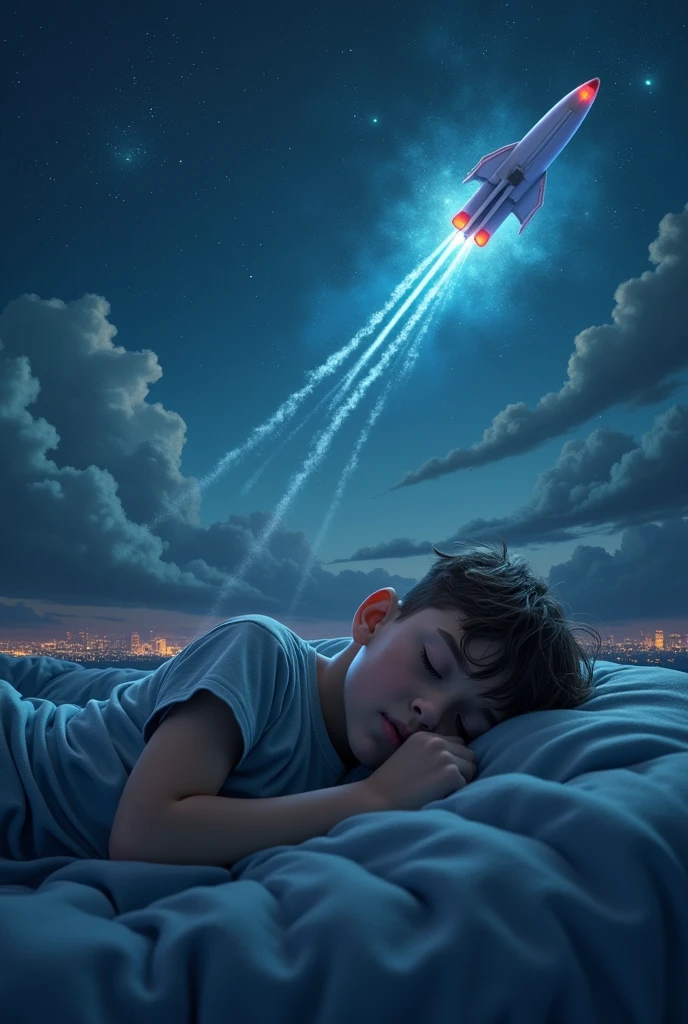 A sleeping boy dreams of a bullet train