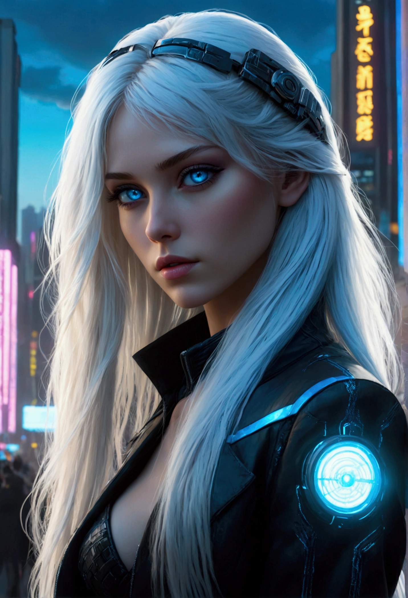 ((best quality)), ((masterpiece)), (detailed), perfect face, a beautiful woman with white long hair and a sky blue reflection, she has a tufted fringe, she has sky blue eyes in a cyberpunk city with sky blue lights, she has total black clothes with some neon sky blue lights on it, Total body.
