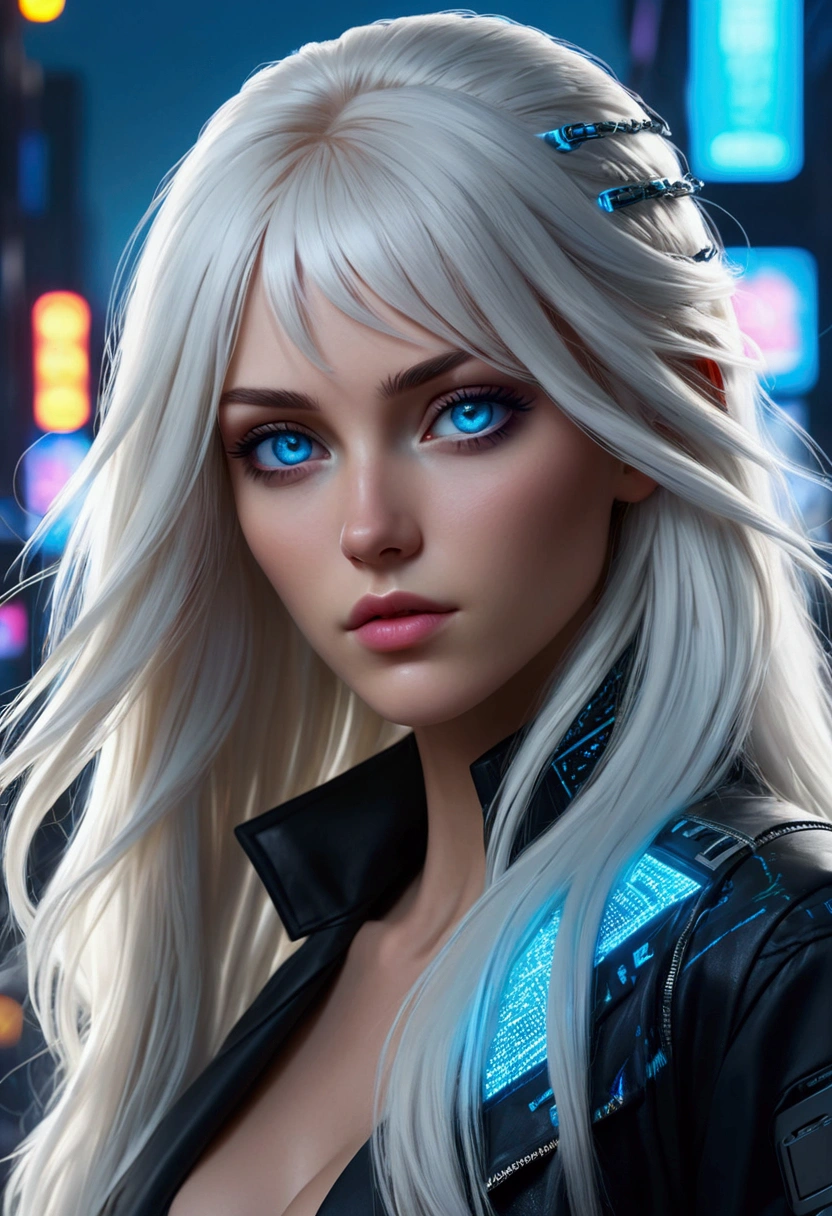 ((best quality)), ((masterpiece)), (detailed), perfect face, a beautiful woman with white long hair and a sky blue reflection, she has a tufted fringe, she has sky blue eyes in a cyberpunk city with sky blue lights, she has total black clothes with some neon sky blue lights on it, Total body.