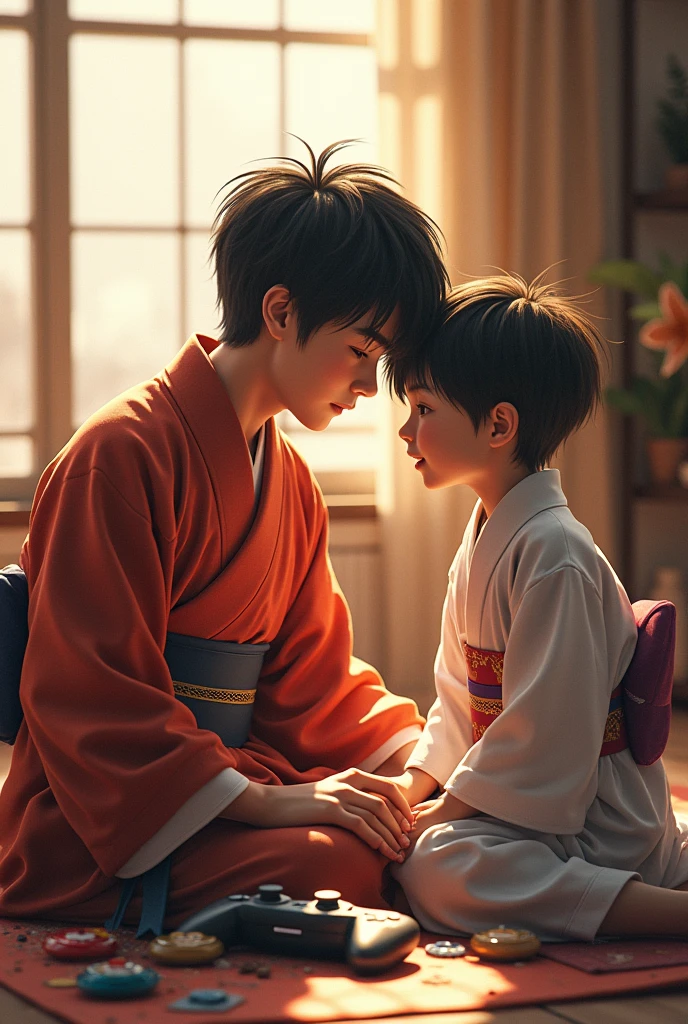 Father and son talking with several toys around them, kimono, bal, blayblade, Video game, skate, spfc shirt.