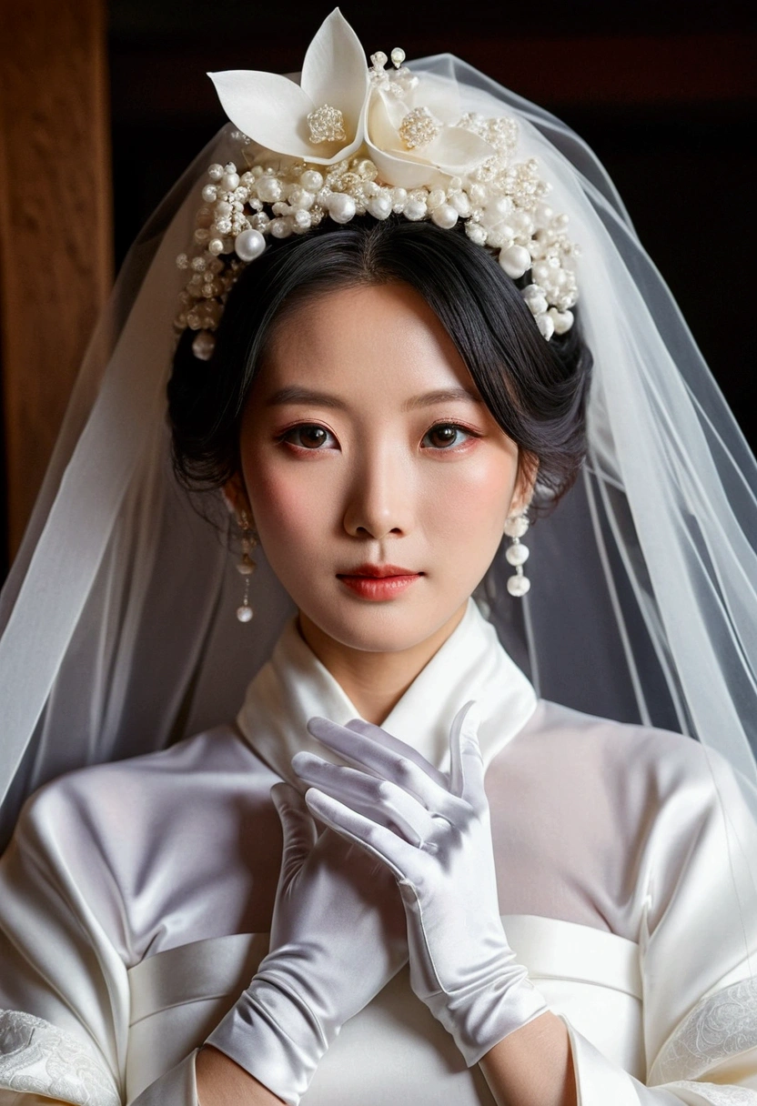 Wearing a huge, revealing wedding dress。White satin full finger glove、"Shoulders and neck、A turtleneck that covers your mouth 360 degrees。"Everything is connected。She was wearing a white wedding kimono over her wedding dress.、A cotton cap is placed over the top of the wedding veil.。"