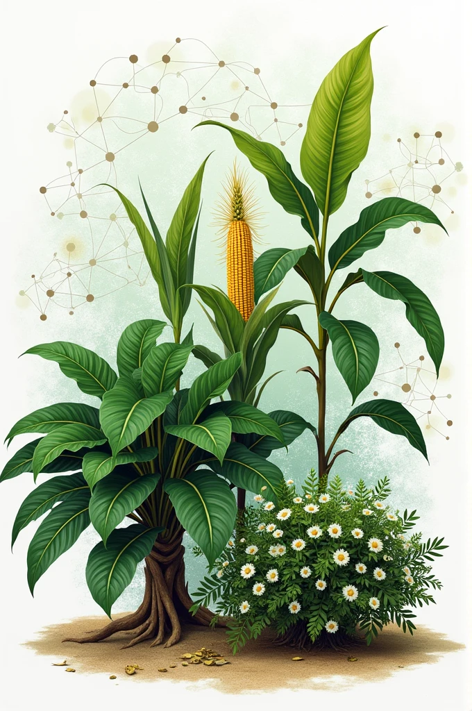 image on theDeciphering the Gene Regulatory Networks Controlling Somatic Embryogenesis in Plants  Include detailed visual representations of a coffee , maize plant nd a rubber plant with broad leaves. include coexpression networks as wel