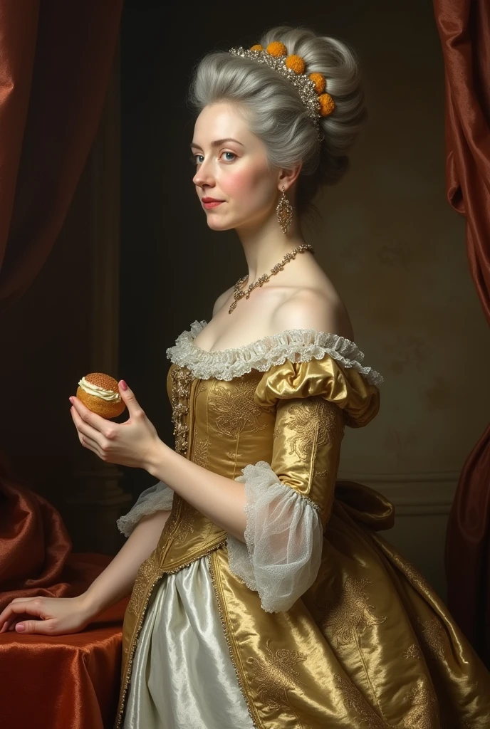 portrait marie Antoinette élégante et malicieuse avec une brioche dans la main