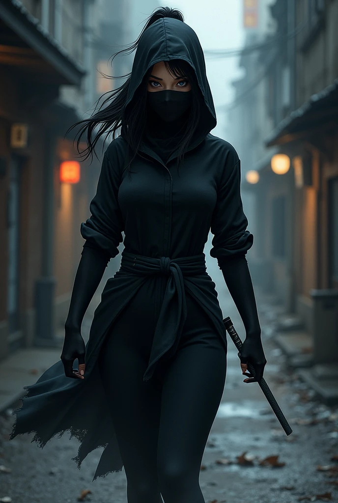 An anime black skin woman ninja who wear mask,has ponytail hair
