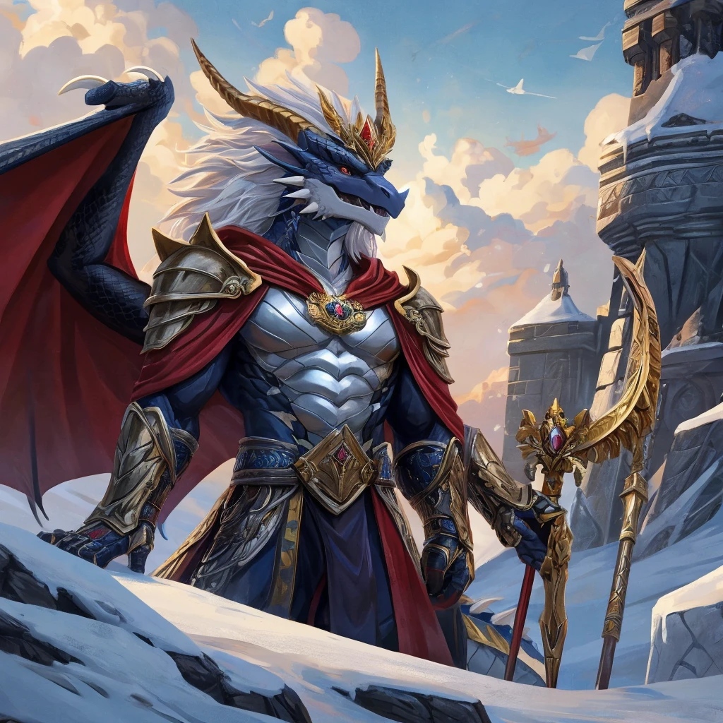 A majestic anthro ice dragon, the embodiment of power and nobility, standing proudly in a snow-covered landscape of the Ice Dragon Kingdom. This creature, 7.3 feet tall, is a striking vision with its muscular body adorned in a mix of black scales and purple plates, each one shimmering in the cold light like a crystalline tapestry. Its long, flowing white hair frames a stoic face that exudes an air of wisdom and battle-hardened experience, a stark contrast to the fiery intensity in its uncovered left eye. The right eye, however, is obscured by a leather eye patch, hinting at tales of valor and loss. The dragon wears a set of gleaming gold plate armor, which fits snugly to its body, emphasizing its physical prowess and royal lineage. A crimson cape, billowing dramatically in the icy breeze, is clasped at the shoulder with an intricate gold brooch, the color of freshly spilled blood against the stark whiteness of the snow. At its waist, a black sword of the champion rests, the weapon of choice for a leader who is as adept at diplomacy as he is in combat. Above the eye patch, a golden laurel wreath sits upon the dragon's head, a symbol of victory and the ultimate mark of respect among the dragonkind. The dragon's bare left arm, a testament to its fearlessness, is flexed, revealing scales that are as smooth as marble and as durable as steel. This is not just any creature; this is the rightful prince, the Commander of the Imperial Guard, a leader who has earned his place through valor and strategy, ready to protect and serve his kingdom with every breath he takes.