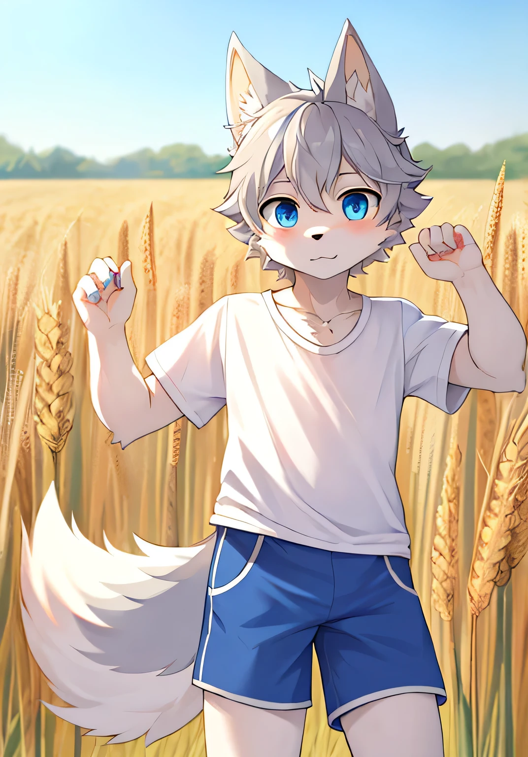 Standing in the wheat field，Cute male wolf cub，16 years old，Light gray fur，Pink flesh pads exposed，Bright morning sunshine，，Pure white top T-shirt，Blue long shorts，Acting cute，Bright and intelligent eyes，White ear，Blue Eyes，Tail is too big， Slightly thin（masterpiece）（high quality）（Clear structure）（Clear lines）（Extremely detailed background）（extremely detailed character）