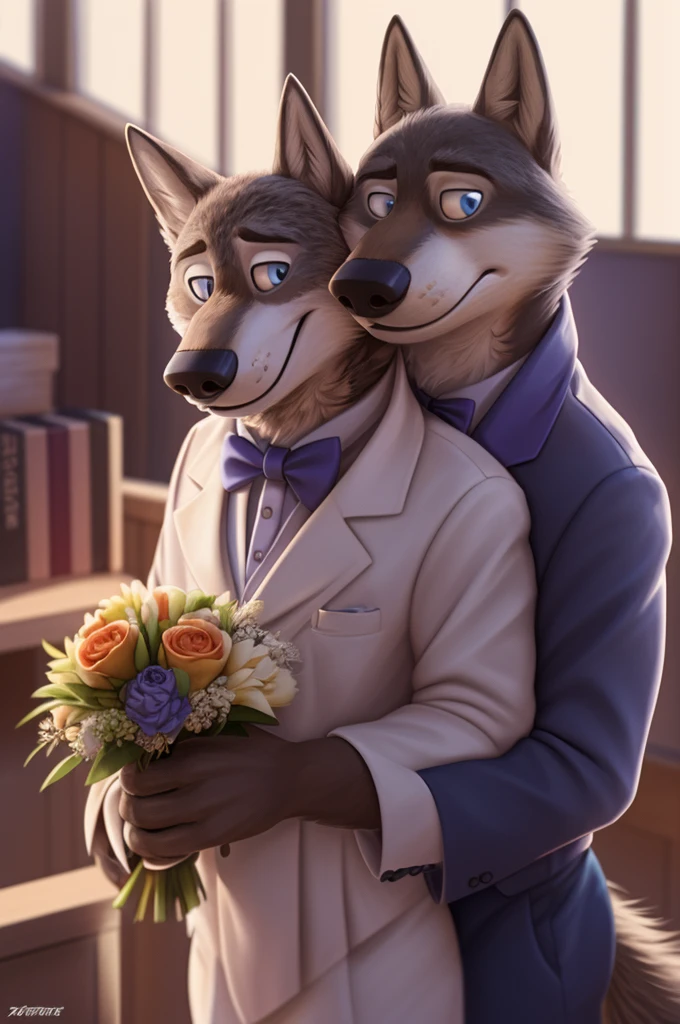 Piar, Male and female, Larry, Tatyana, Wedding Dress, (Zootopia), wolf, gray fur, (brown body:1.3), beautiful blue eyes, Zootopia, dressed,Blazer,pink shirt,trousers,the bow tie,canine,wolf, detailed fur, Male, second, paw pads, finger claws,одевает the bow tie, games,At the viewer, 5 fingers, paws, 4 toes, in the wedding palace, groom,ring, holds, flowers for wife,
BREAK from nextel, for dating, by xenoforge, (difficult, high detail,digital photography, soft focus, RAW, close to the camera, smile, positive, Good, mood, Houses, looks at the viewer, очень close to the camera, In the shop,his wedding, wedding palace combination,
photorealism, realistic, photorealistic,digital style, subsurface scattering,очень close to the camera
шедевр, Best quality, ultra realistic, 8 thousand.)