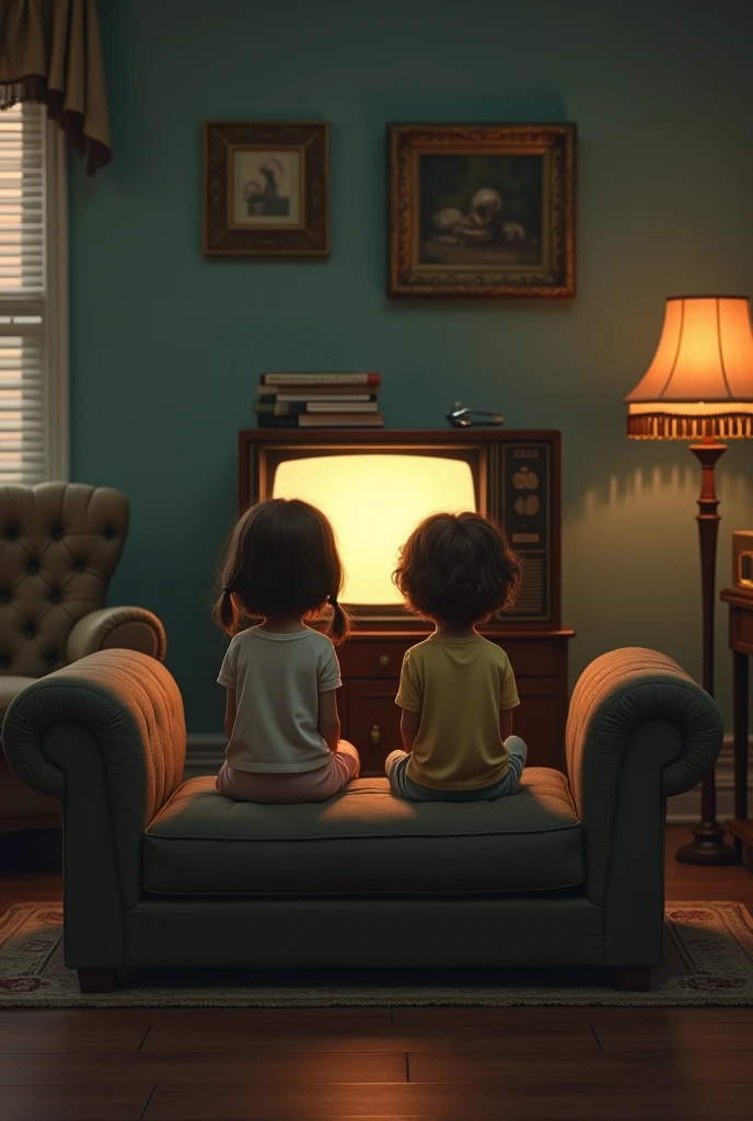 1 young girl and 1 young boy watching television, old style