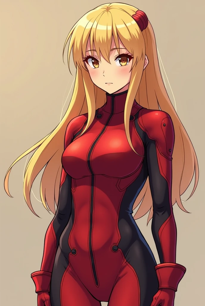 a blonde female wearing a dark red male plugsuit, evangelion style, anime drawing 