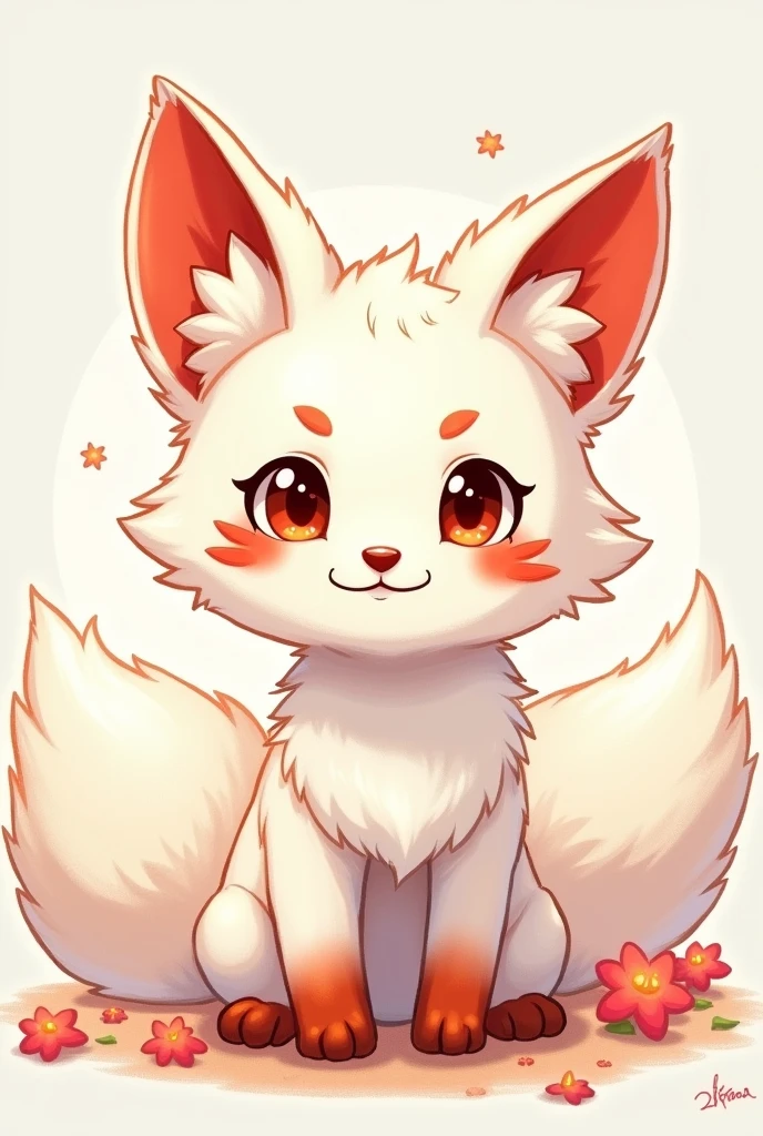 White baby Japanese fox with red lines. 2D animation generation. A cute atmosphere that gives the impression of a Japanese god. Cuteness that makes it look like it was drawn with crayons.