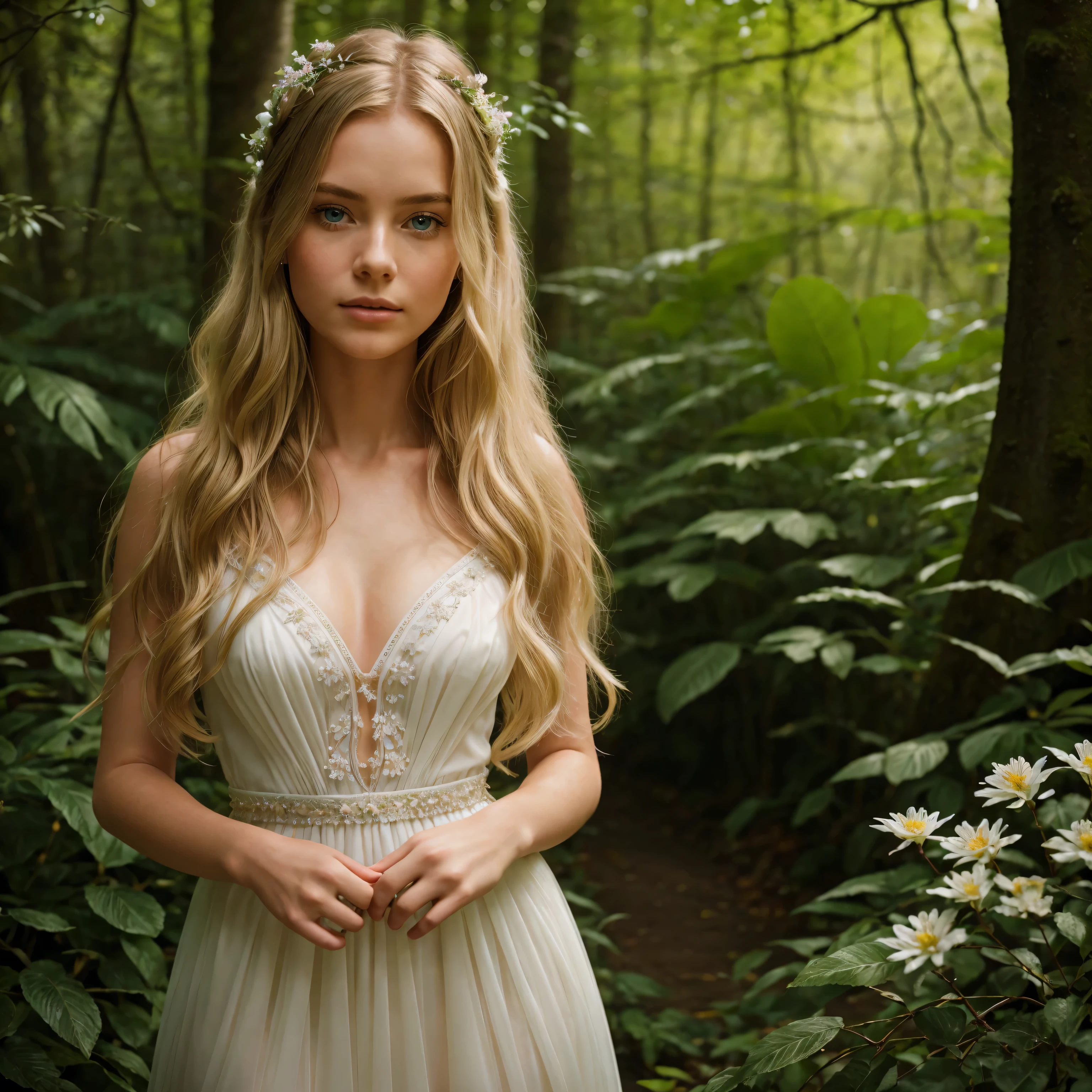 An ultra-realistic, elegant portrait of Lise Olsen, an 18-year-old Norwegian girl, in a serene forest setting. She wears a flowing, intricately detailed dress made of soft, translucent fabric that catches the sunlight filtering through the trees. Her long, wavy blonde hair is adorned with delicate flowers, and her blue eyes exude a gentle, serene expression. The scene is bathed in bright, soft diffused light, with a shallow depth of field that blurs the lush greenery in the background. The photograph is professionally color-graded, with a subtle HDR effect and captured in stunning 8K resolution, making every detail of the dress, hair, and natural surroundings vivid and lifelike