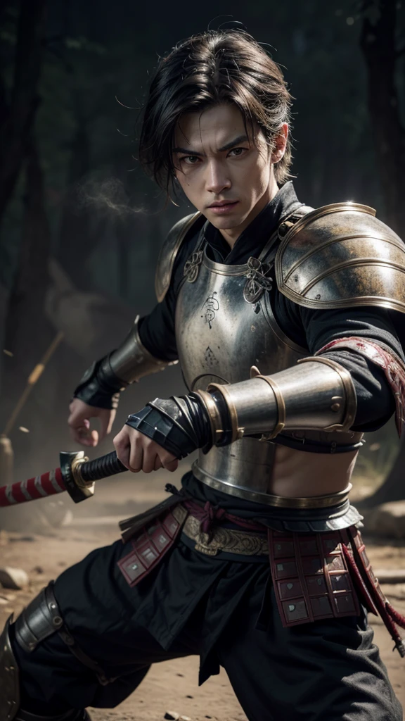 adult homen, holding a longsword, he wears samurai armor, is in the middle of a battle, uhd, textured skin, super detail, high details, high details, 4K, highres, best quality