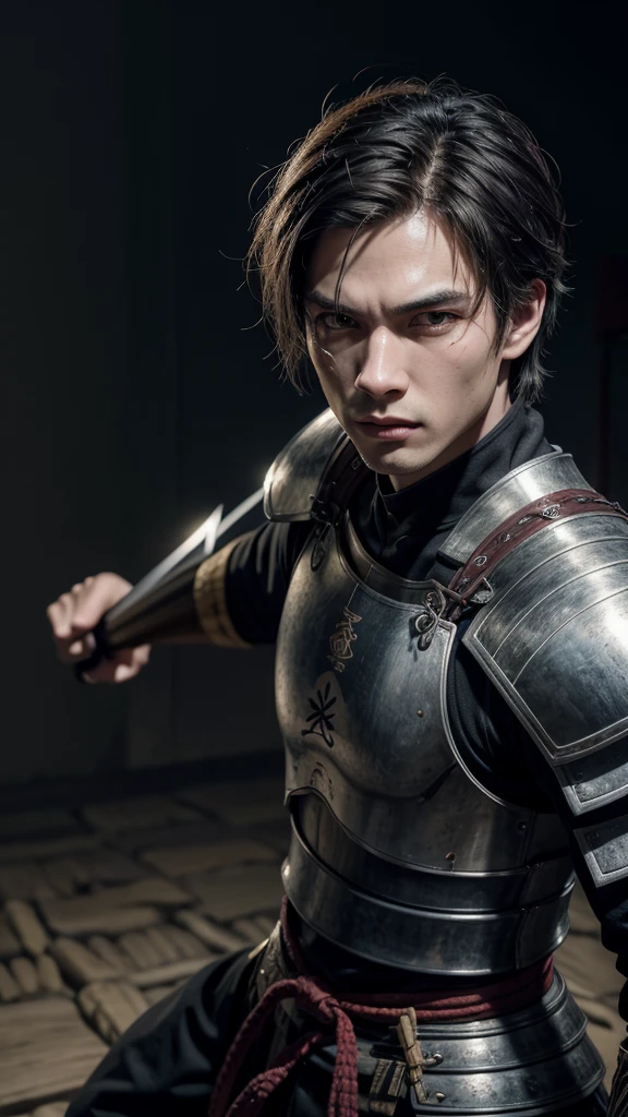 adult homen, holding a longsword, he wears samurai armor, is in the middle of a battle, uhd, textured skin, super detail, high details, high details, 4K, highres, best quality