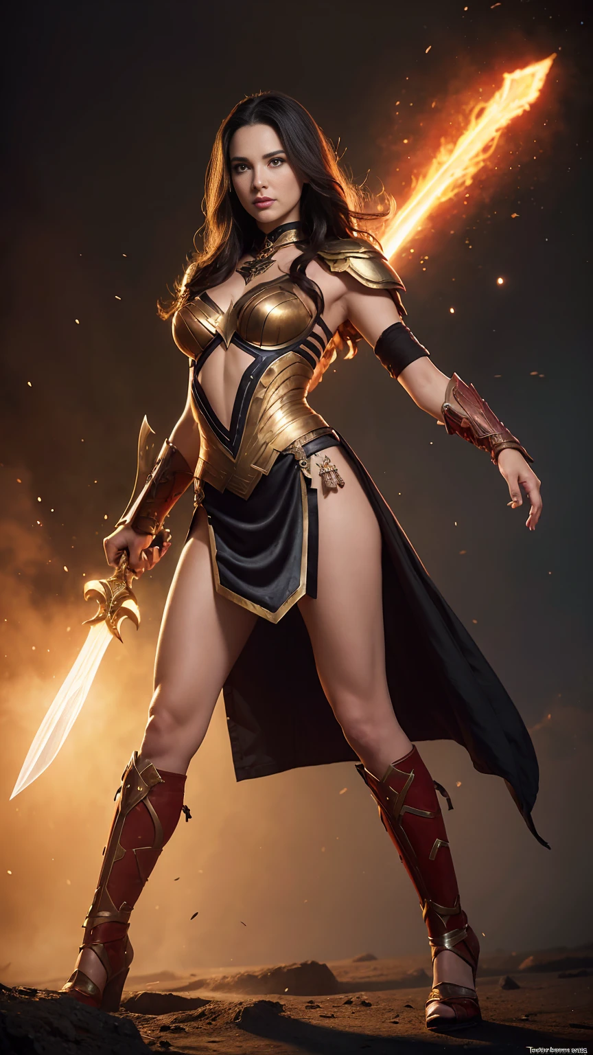 ((Full body photo, standing, feet on the ground)) a woman dressed as a warrior holding a sword, sexy painting of gal gadot, tyler edlin fantasy art, fantasy woman, gal gadot as hell lord, zenescope, a very beautiful berserker woman, magali villeneuve', as seen on artgerm, very beautiful female barbarian, artgerm julie bell beeple, 4k fantasy art