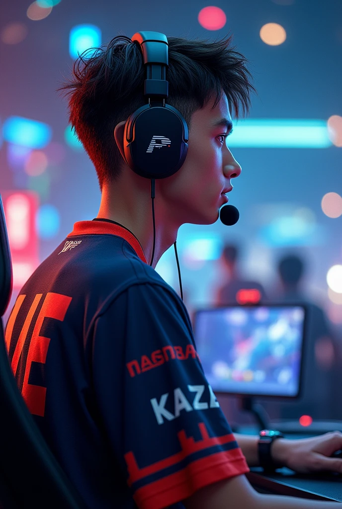 A young man gamer wearing gaming headphones and esports jersey with a name "K A Z E" at the back