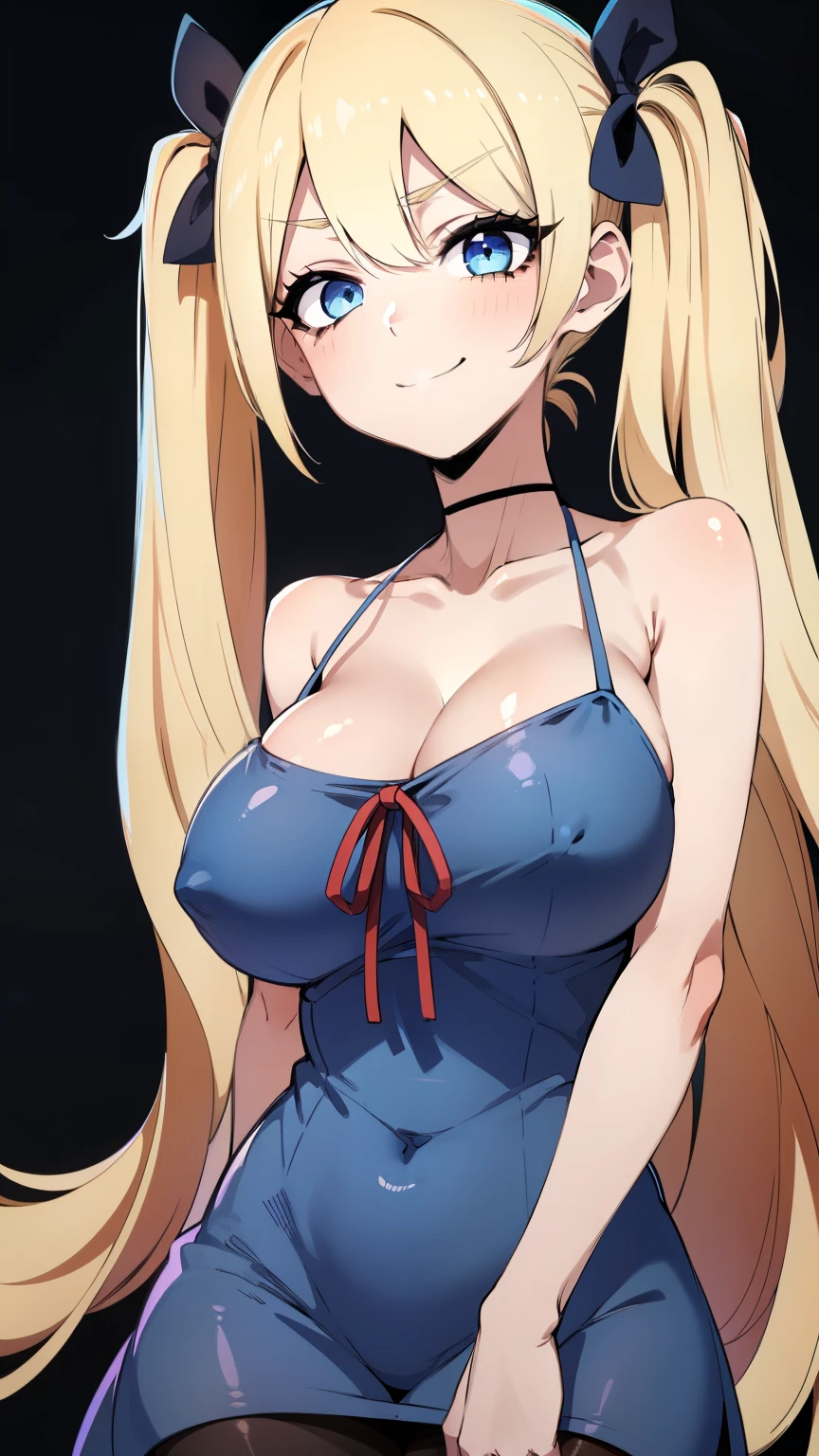 (masterpiece), (best quality), (High quality), BREAK, (perfect face), 1girl, (long hair, blonde hair: 1.67), ((twin tails, black ribbons)), BREAK, (big eyes, perfect eyes, detailed eyes, expressive eyes, grey eyes: 1.8, thin eyelashes), (thick eyebrow), BREAK, ((smile, happy)), BREAK, (tall height), BREAK, (slim bulid), (well bulid), BREAK, (big breasts: 1.4), BREAK, (blue sundress: 1.4), BREAK, ((white transparent pantyhose: 1.4)), BREAK, (sandals), BREAK, (standing), (arms crossed on chest), (tilted head), (view from front: 1.3), (upper body: 1.5), BREAK, (park, nature), eyeliner, jk style,