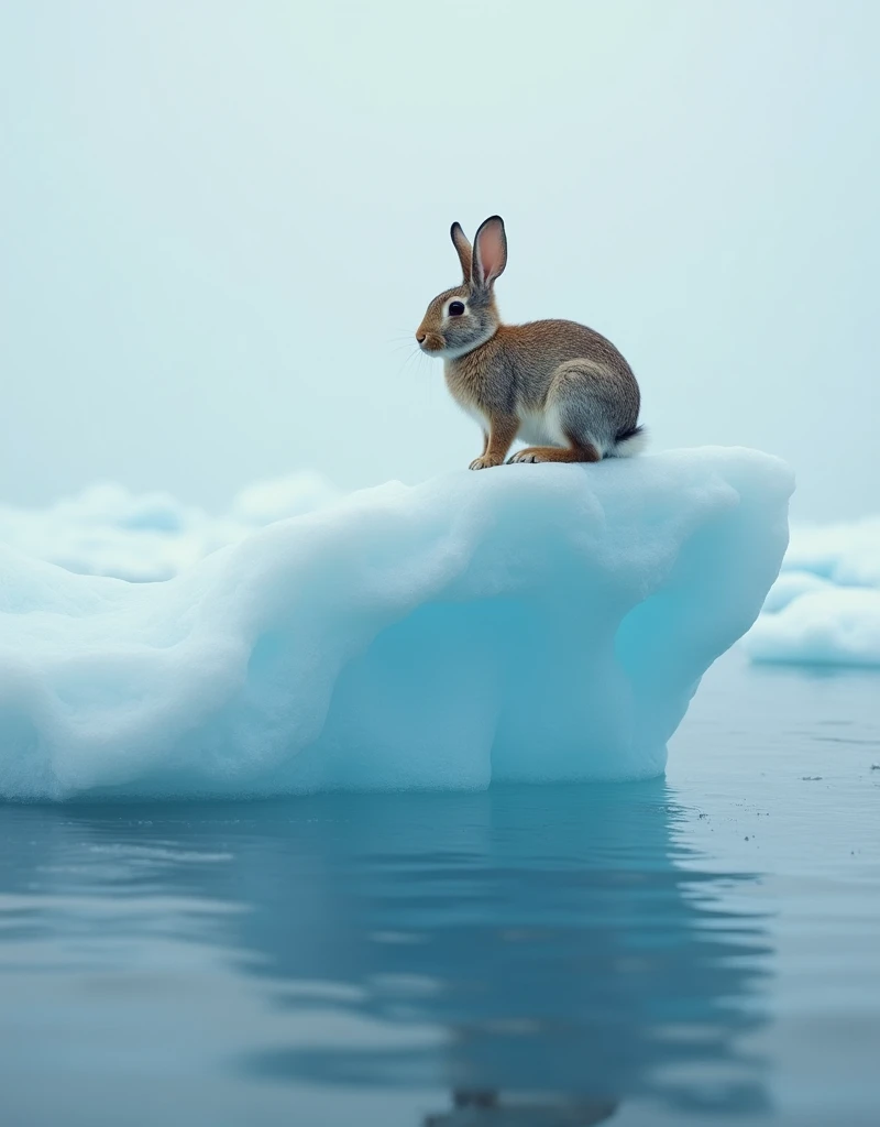 (200mm lens: 1.0), f/1.4, (photorealistic: 1.4), (depth of field: 1.4), (surrealistic: 1.4), (smooth lighting: 1.05), (best quality, masterpiece, natural light: 1.0), soft lighting,
A vast iceberg with a significantly large rabbit gracefully perched on top, providing a sense of warmth in the cold, expansive landscape. The rabbit's fur contrasts against the icy blue surroundings, symbolizing the lone source of warmth and life in the frigid environment.