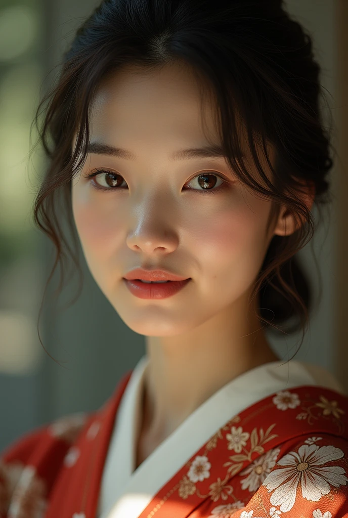 An elegantly dressed Japanese woman in natural light、A close-up of her chest and calm expression.、It shows her inner peace and outer charm.。