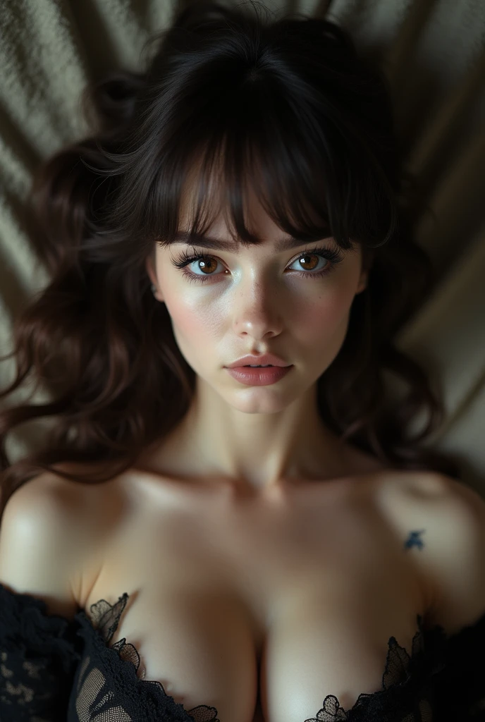 portrait, close up, cute face, beautiful,18 years old, (black bold eyeliner, makeup:1.3), pale skin,nude,naked, young,bangs,freckles, ear,wavy brunette hair,freckles,detailed vagina,interior,fancy bedroom,gothic room,castle interior, body, thin legs, small waist, very slim, cleft of venus,small breasts, beautiful legs, realistic soft skin, looking at viewer, ((exposed breasts)), pov, rings, showing nipples, nude, hyperdetailed, analog photo, Cinematic,contrast,high contrast,(very detailed eyes,detailed lips,detailed face,cute,pretty,lying,from above,textured skin,very realistic,photography),(spread legs,presenting pussy,realistic labia)