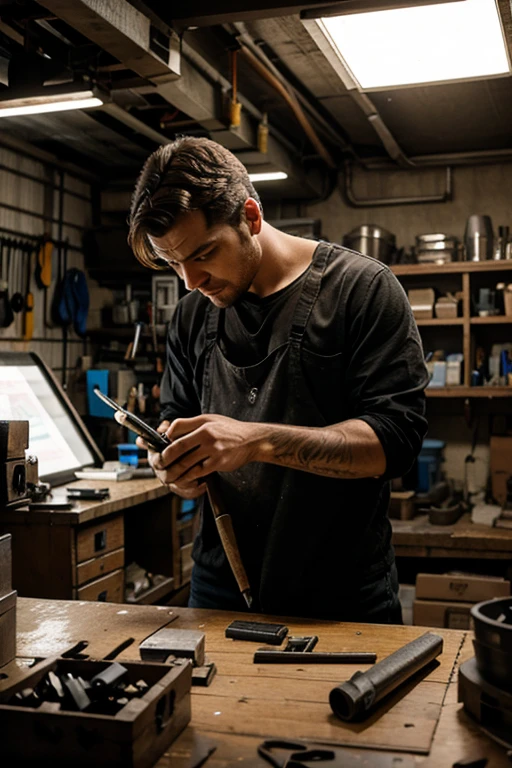 Create an illustration of a man in a cluttered workshop with high-tech tools, intently working on a car. The scene should show the man focused on his task, with tools scattered around. In the background, depict a suspicious-looking man hiding and peering through a window, watching the mechanic's progress with an intrigued yet cautious expression. The workshop should have an industrial feel, with various car parts and blueprints visible, while the atmosphere conveys a sense of innovation mixed with tension.