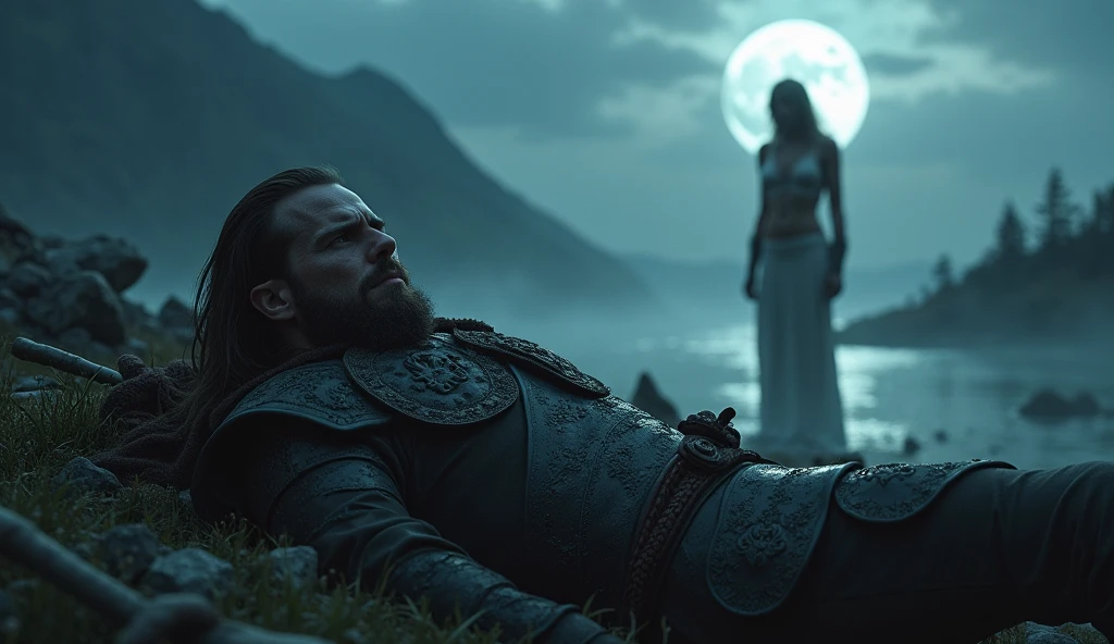 fantasy, night,  deadly wounded nordic viking, IX century, warrior see a goddes in deadly amok, moonlite confession to goddes Freya, NUDE, realistic, bokeh, immersive background of nordic fiords and battlefield at night