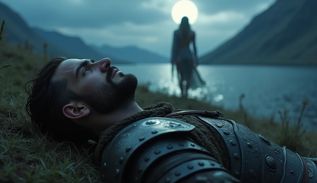 fantasy, night,  deadly wounded nordic viking, IX century, warrior see a goddes in deadly amok, moonlite confession to goddes Freya, NUDE, realistic, bokeh, immersive background of nordic fiords and battlefield at night