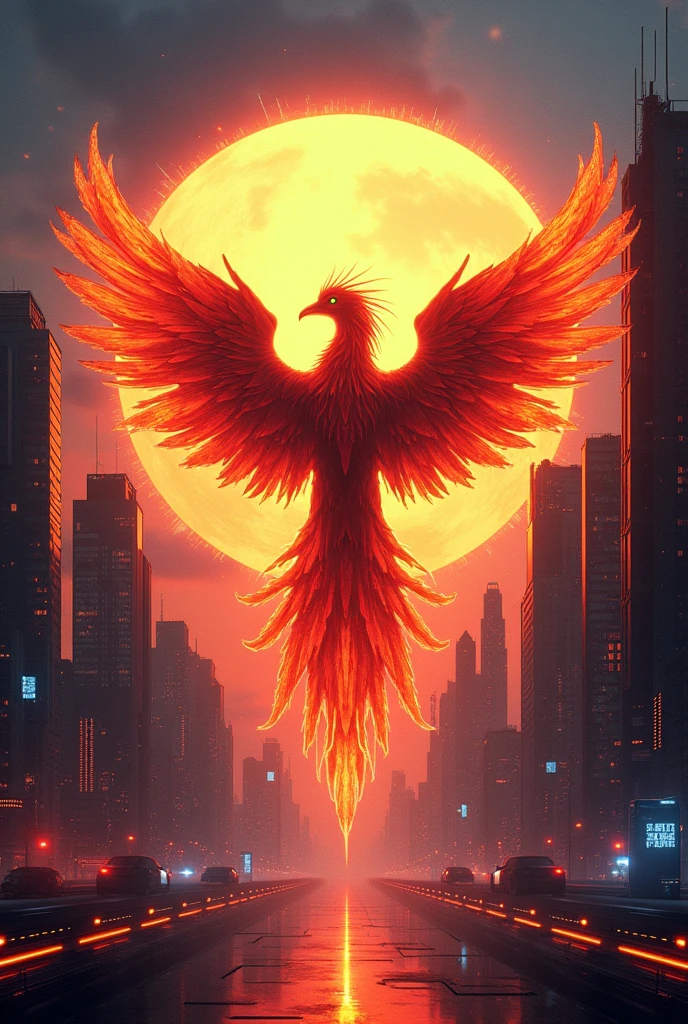 Can you create a Phoenix cyberpunk style background for Image and add a Circle in the middle and a name box below it