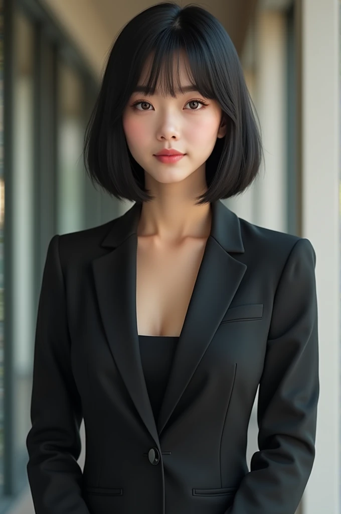 A Japanese woman in her 20s with her forehead exposed、Black hair bob body type BMI 23 to 25 with large breasts suit