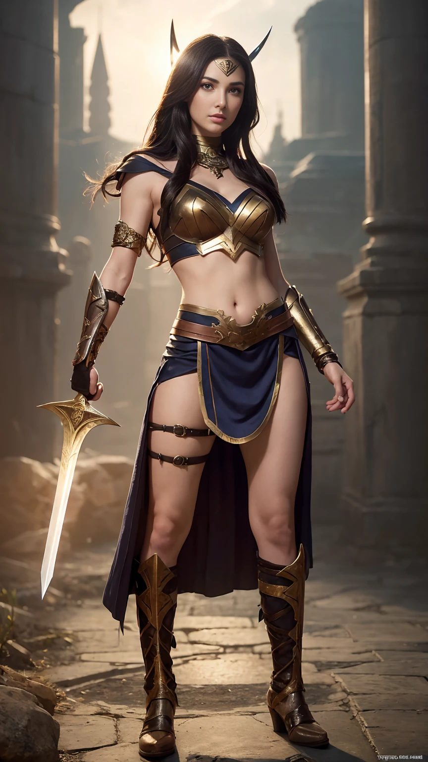(((full body photo))),a woman dressed as a warrior holding a sword, sexy painting of gal gadot, tyler edlin fantasy art, fantasy woman, gal gadot as hell lord, zenescope, a very beautiful berserker woman, magali villeneuve', as seen on artgerm, very beautiful female barbarian, artgerm julie bell beeple, 4k fantasy art