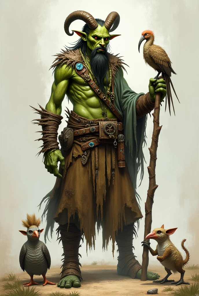 Create an image of a green Tiefling, thin man dressed in clothes made of rags and skins and who has a long, thin goatee and two horns, and with a dodo perched on his staff and by his side a baby chimera