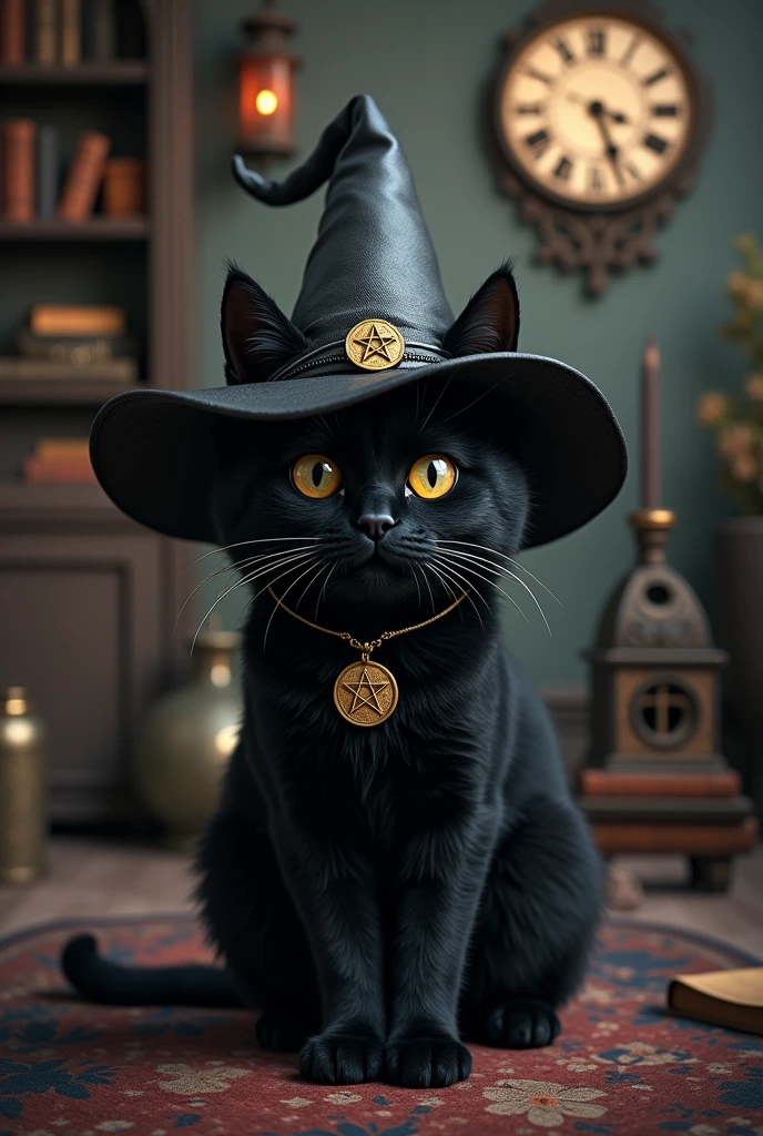 a cute black cat wearing witch'shat, in the style of dark gray and black, edgy pop art, fantasy-inspired portraits,wiccan artifacts, hyper-detailed illustrations, hat, no humans, witch hat, cat, animal, book, black cat, animal focus, black headwear, indoors, bookshelf, clock,hyper-detailed,ultra-realistic, 8k,ultra-realistic, hyper-detailed, 32k uhd, (Background is Luxury Witch Room and Magic Room) Necklace hexagram 