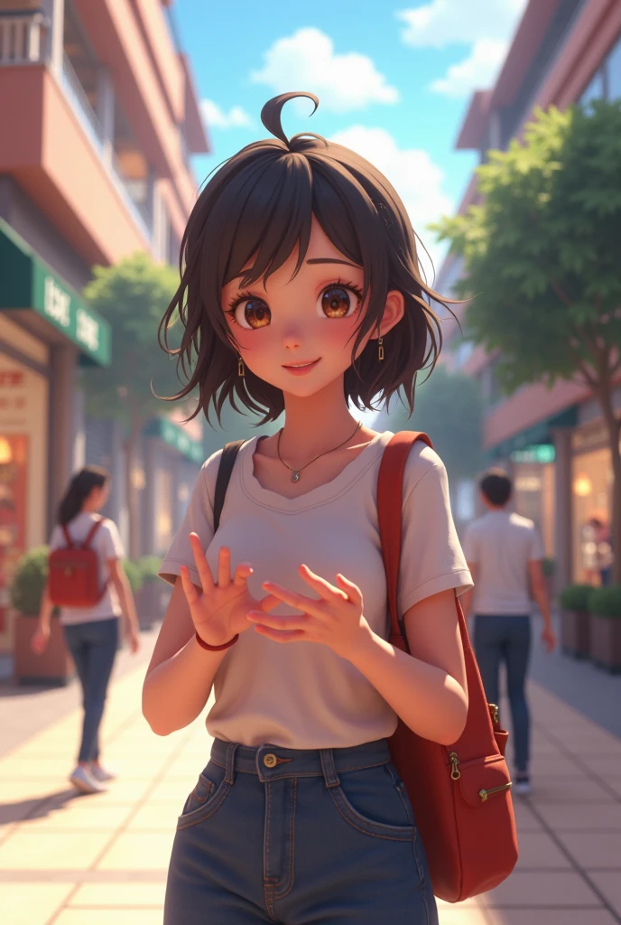 20 year girl talking in mall 3D animated break domain anime