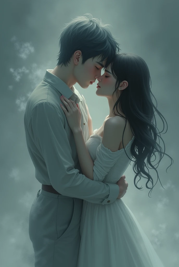 A woman hugging a ghost man where unrequited love is represented in animated grey tones