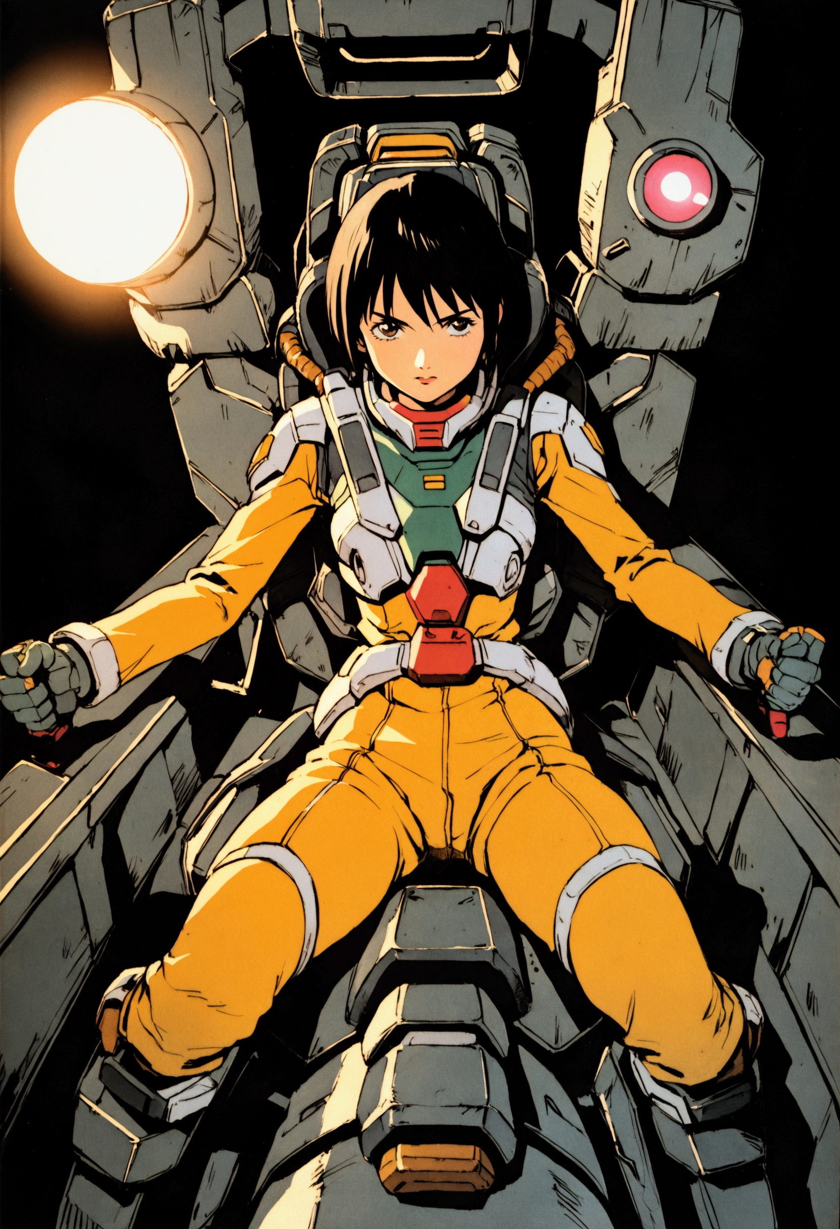 Gundam Wing Cockpit、Futuristic Suit、22 years old、Very beautiful woman、solo、Black Hair、Bobcut、The meter lights up、Look straight ahead and shout、Dynamic pose、Shooting from above with a wide-angle lens。