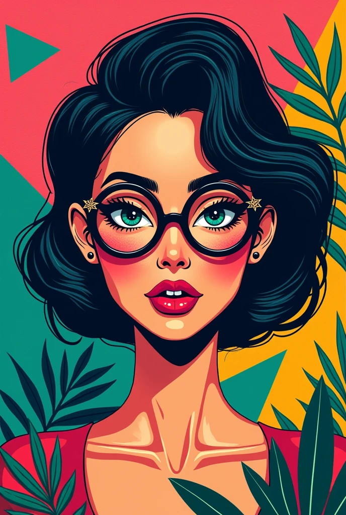 Pop art woman with glasses holding triangles and exotic leaves and music