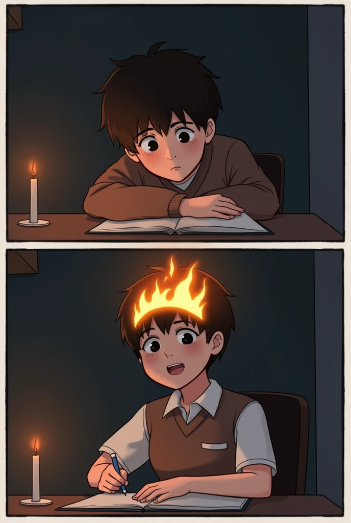The student's eyebrows are now completely black and on fire. The student continues to study, seemingly oblivious to their burning eyebrows.]

Panel 5:

[The student's eyebrows have completely burned away, leaving their forehead bald. The student is still smiling, looking satisfied with their studies.]

Caption: Burning the Midnight Oil

Moral of the Story: Hard work and dedication are essential for achieving success.

[Image of a burning candle with a drop of wax falling from it.]