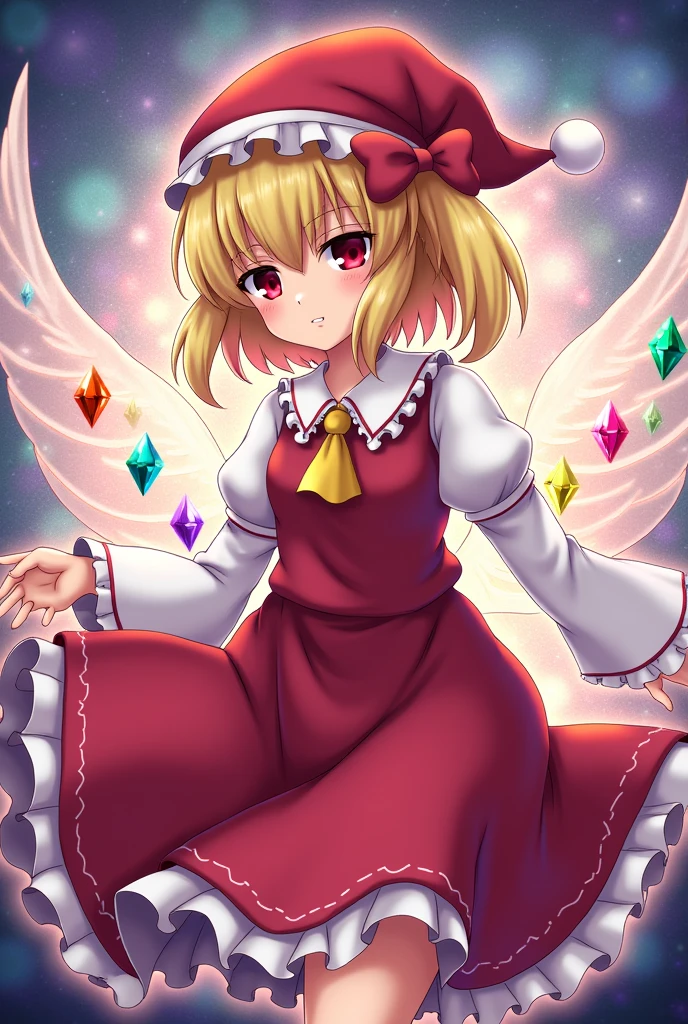 With an anime-like pattern、Please draw Flandre Scarlet from the Touhou Project。The wings are decorated with seven colored diamond jewels.。I'm wearing a nightcap。Side tail on the right side