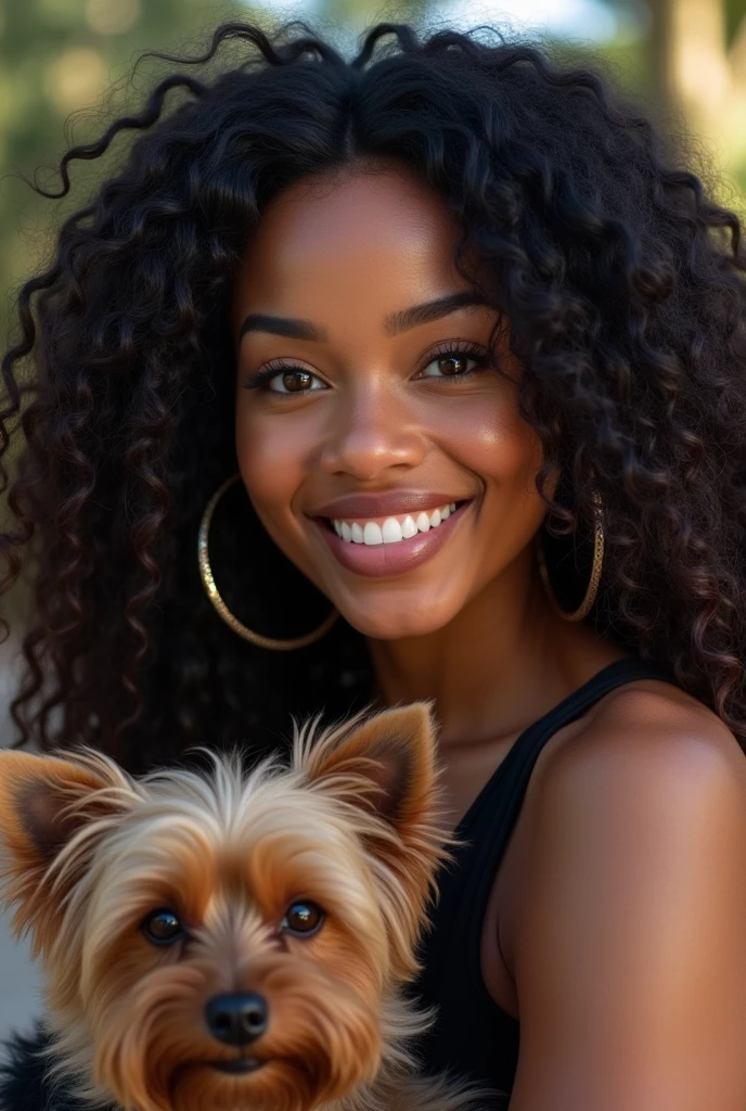 there is a black woman , the woman has curly black curly, she has brown skin, with dark brownish skin, with long curly, long black curly hair she is taking a long shot selfie while holding her Yorkshire terrier