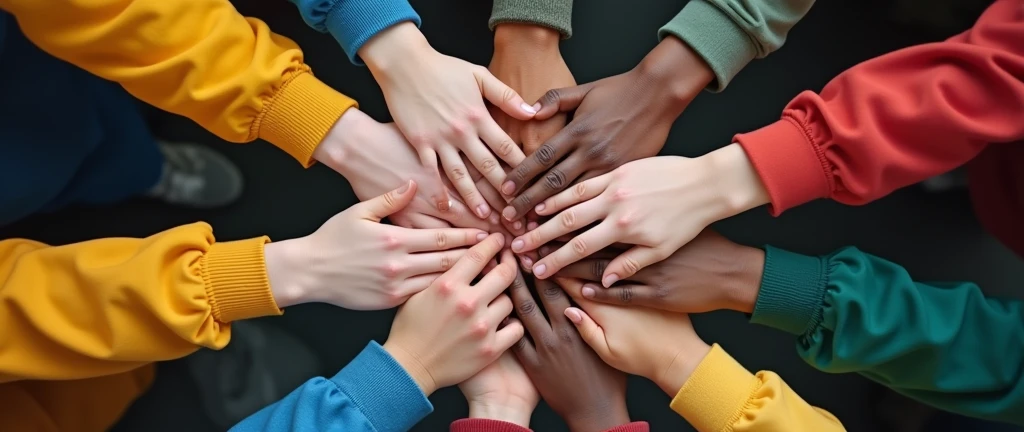 Group hands on top of each other of diverse multi-ethnic and multicultural people.Diversity people. Concept of teamwork community and cooperation.Diverse culture.Racial equality.Oneness , Negatif space for teks, ghibli style